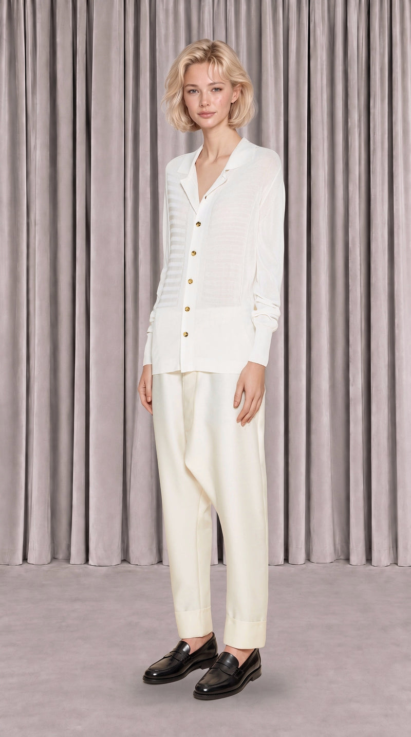 Bib Long Sleeve Polo Ivory Women, side view – POAN