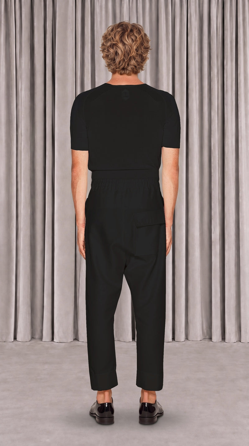 Fender Drop Crotch Trousers Men Black, back view – POAN