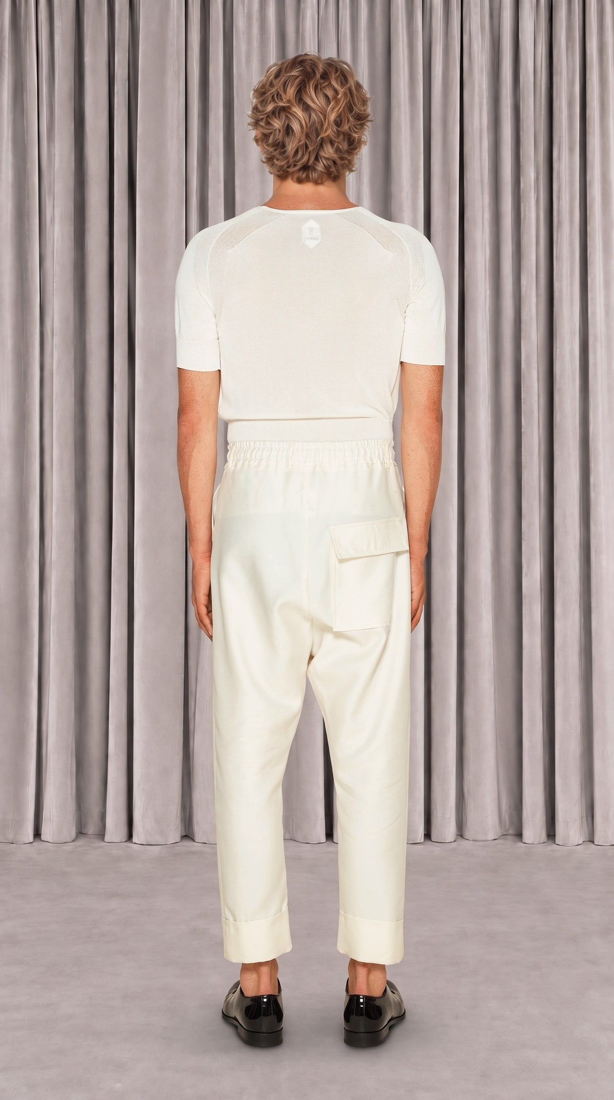Fender Drop Crotch Trousers Men Ivory, back view – POAN