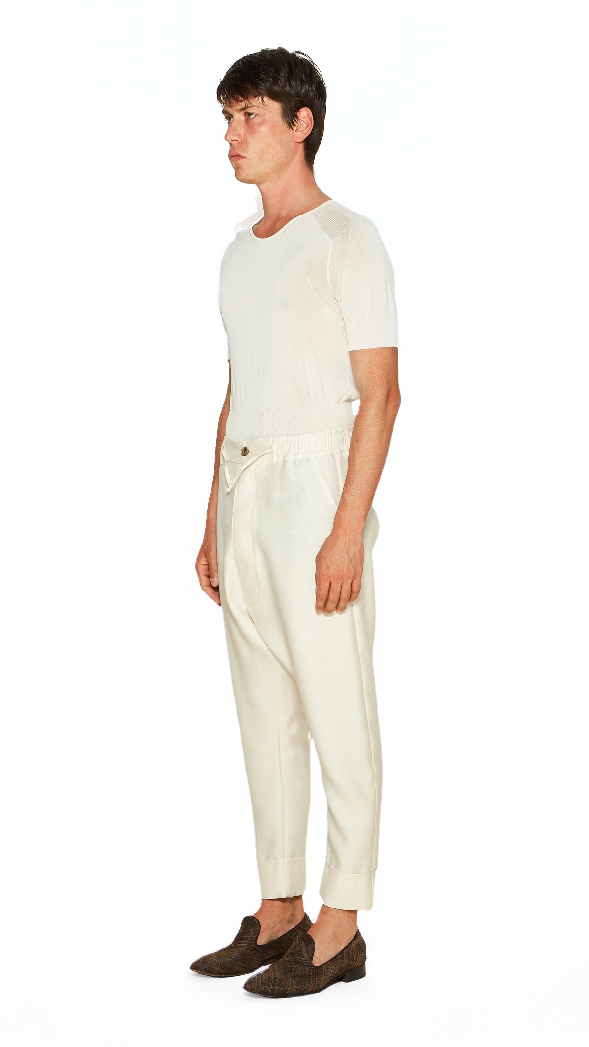 Fender Drop Crotch Trousers Men Ivory, side view – POAN