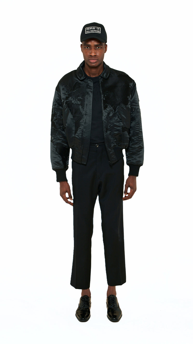 Hero World Map Bomber Jacket Men Black, front view – POAN