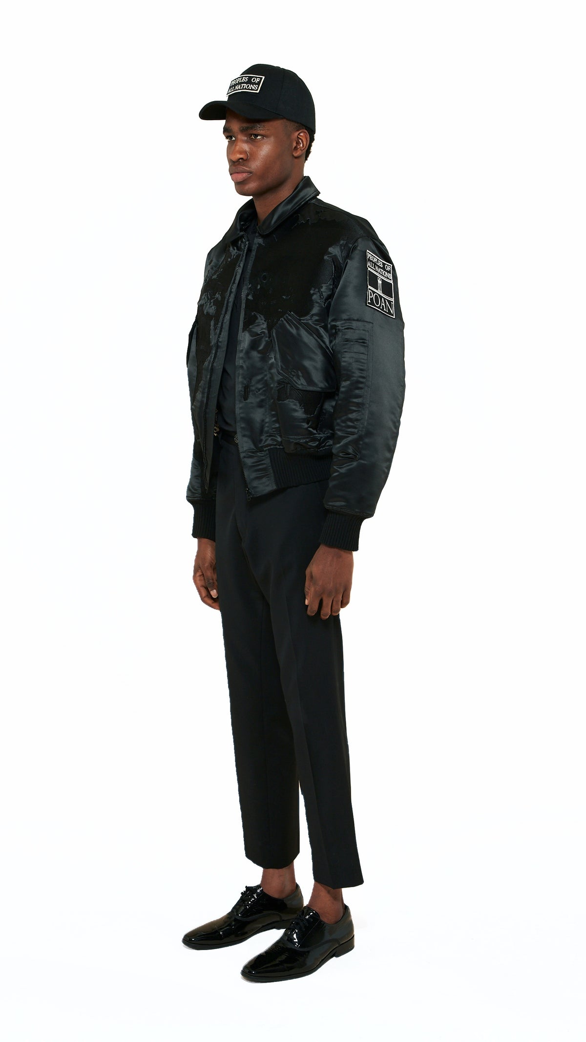 Hero World Map Bomber Jacket Men Black, side view – POAN