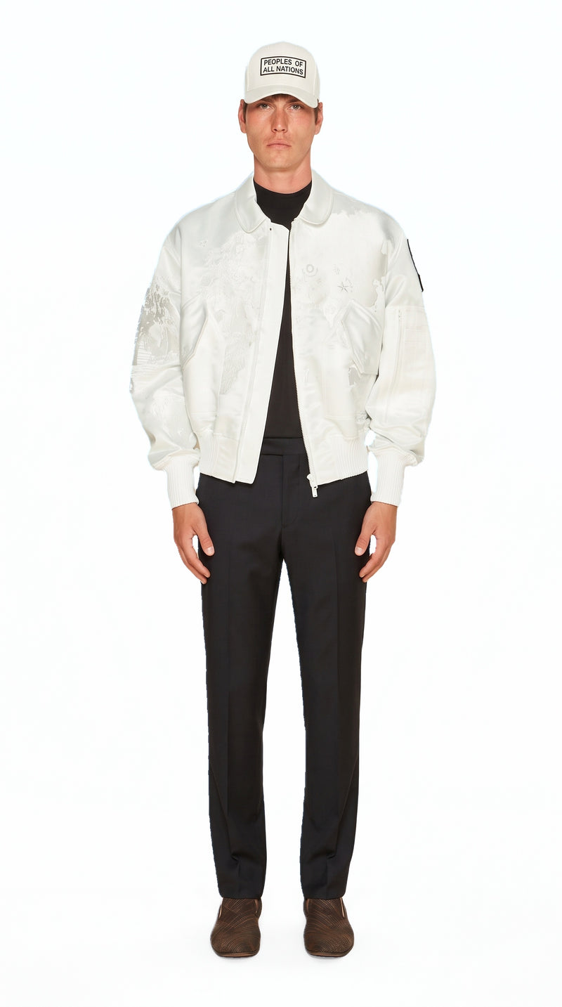 Hero World Map Bomber Jacket Men Ivory, front view – POAN