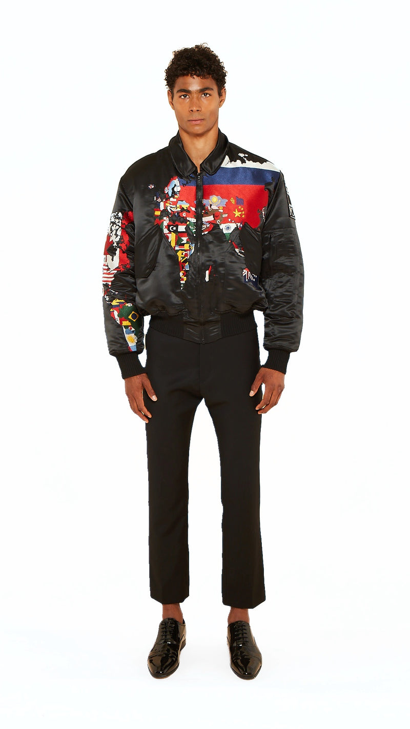 Hero World Map Bomber Jacket Multi Men Black, front view – POAN