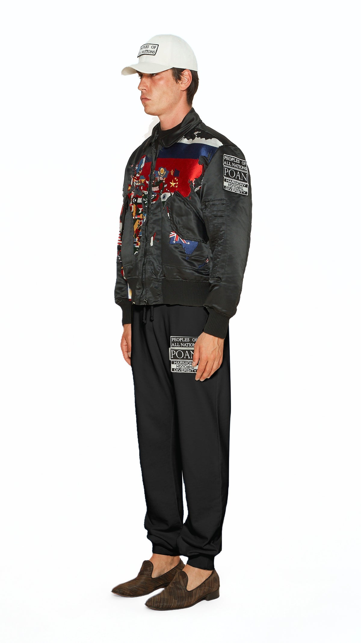 Hero World Map Bomber Jacket Multi Men Black, side view – POAN