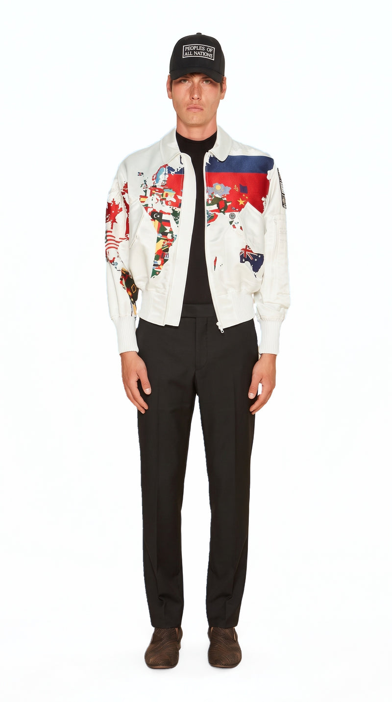 Hero World Map Bomber Jacket Multi Men Ivory, front view – POAN
