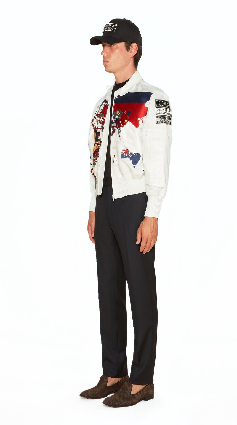 Hero World Map Bomber Jacket Multi Men Ivory, side view – POAN