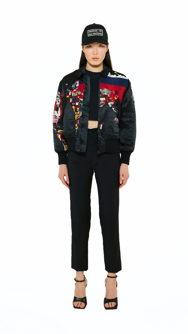 Hero World Map Bomber Jacket Multi Women Black, front view – POAN