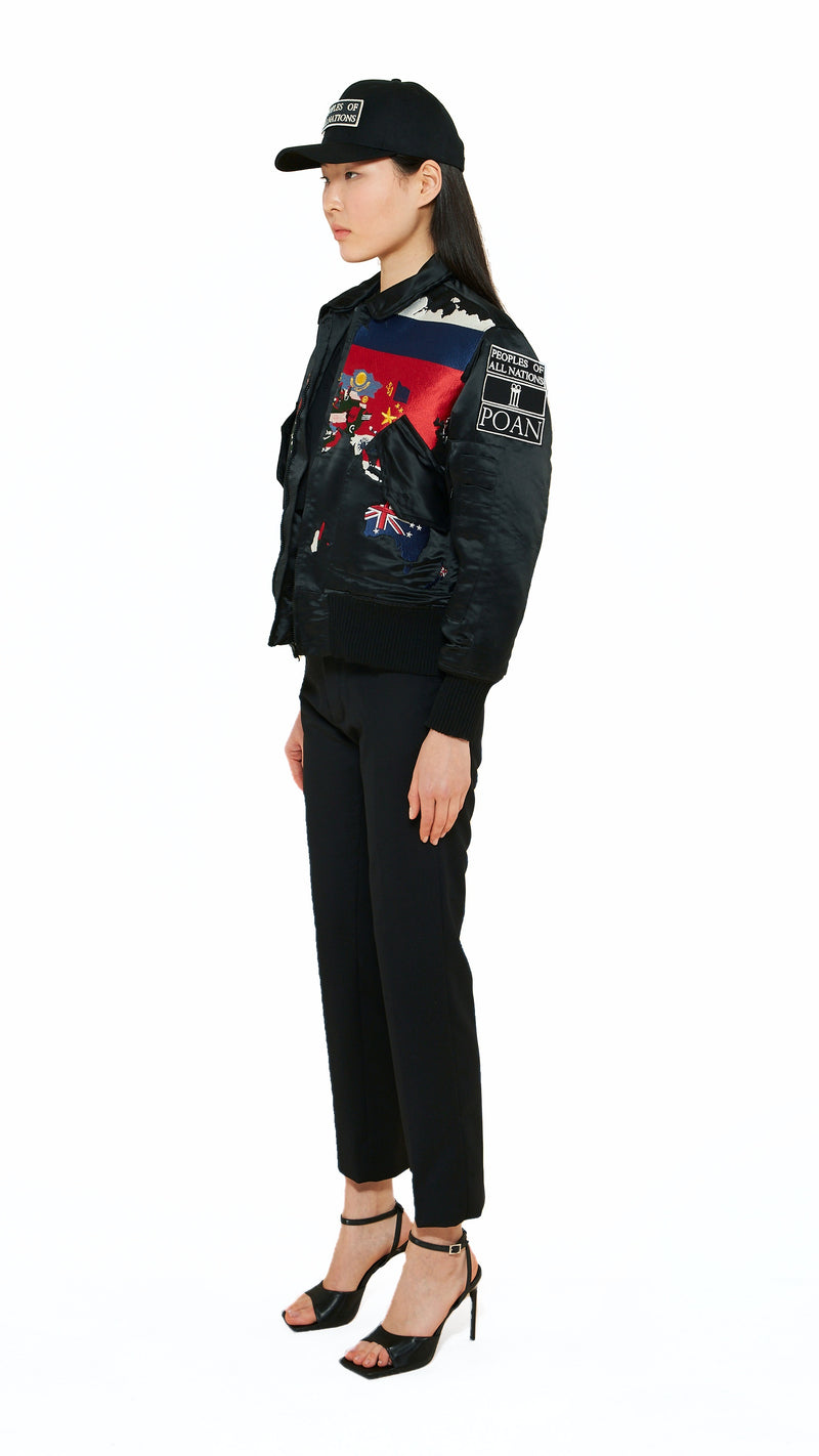 Hero World Map Bomber Jacket Multi Women Black, side view – POAN