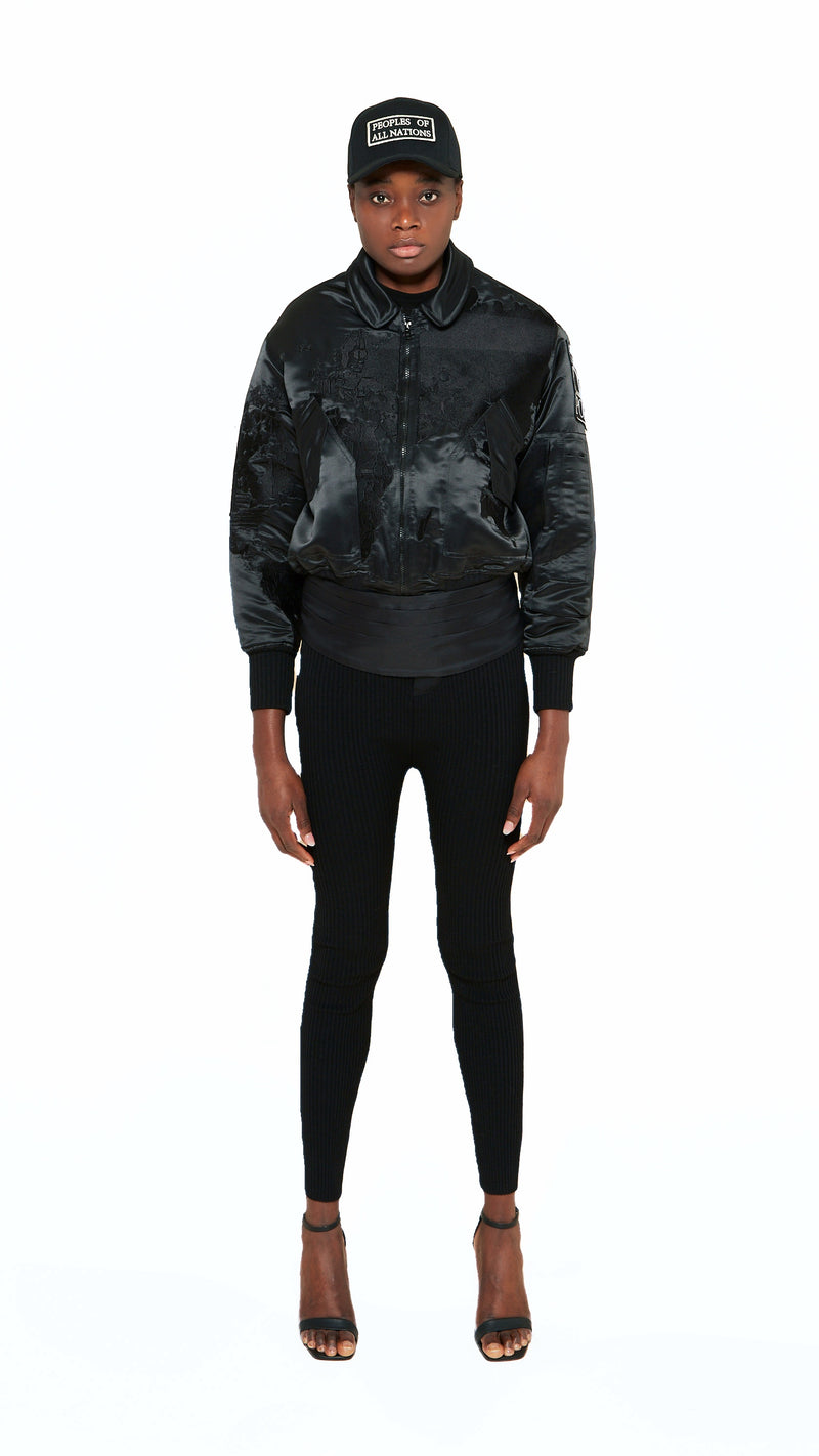 Hero World Map Bomber Jacket Women Black, front view – POAN
