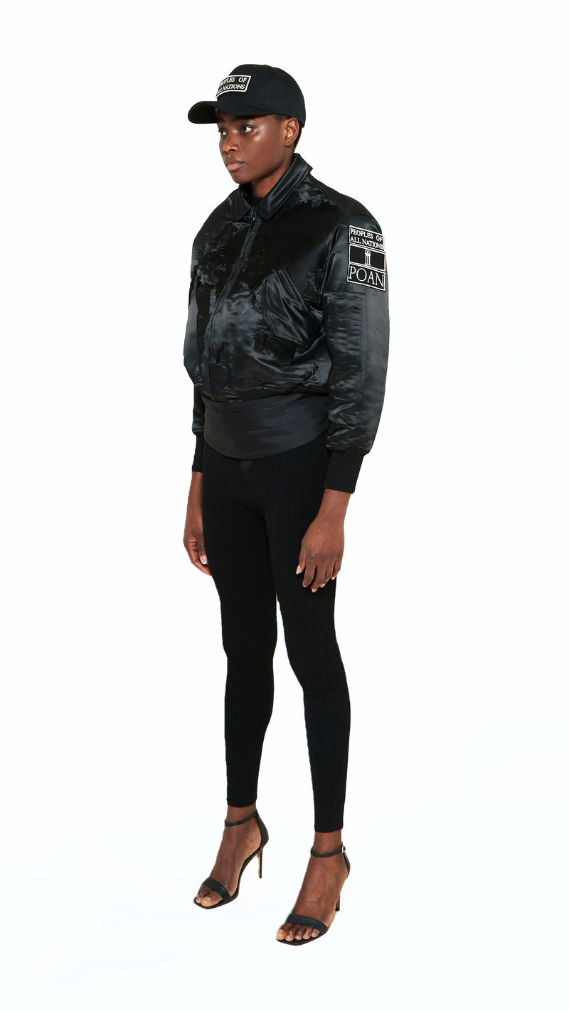 Hero World Map Bomber Jacket Women Black, side view – POAN
