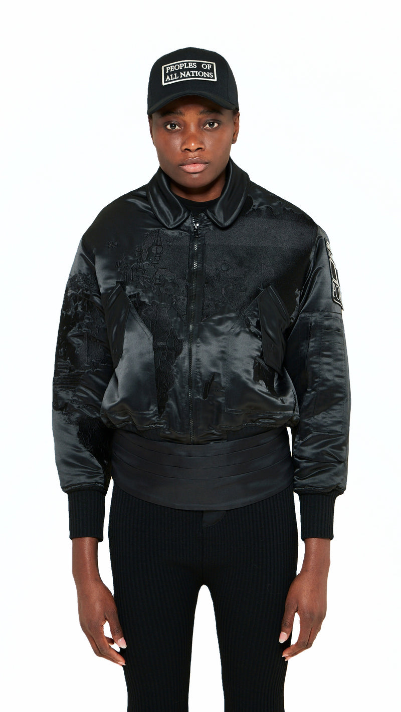 Hero World Map Bomber Jacket Women Black, detail – POAN