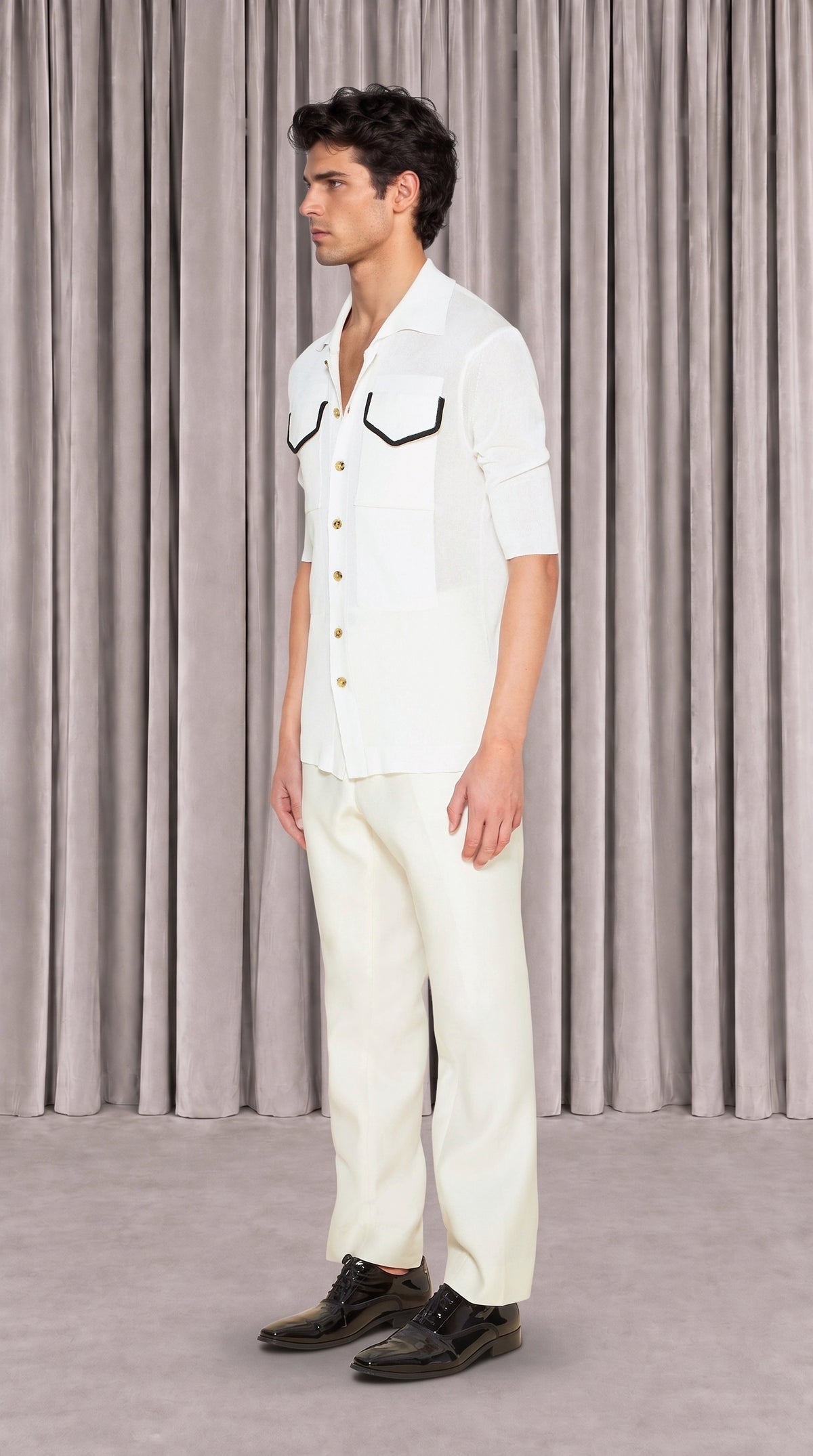 Keaton Short Sleeve Polo Men Ivory, side view – POAN