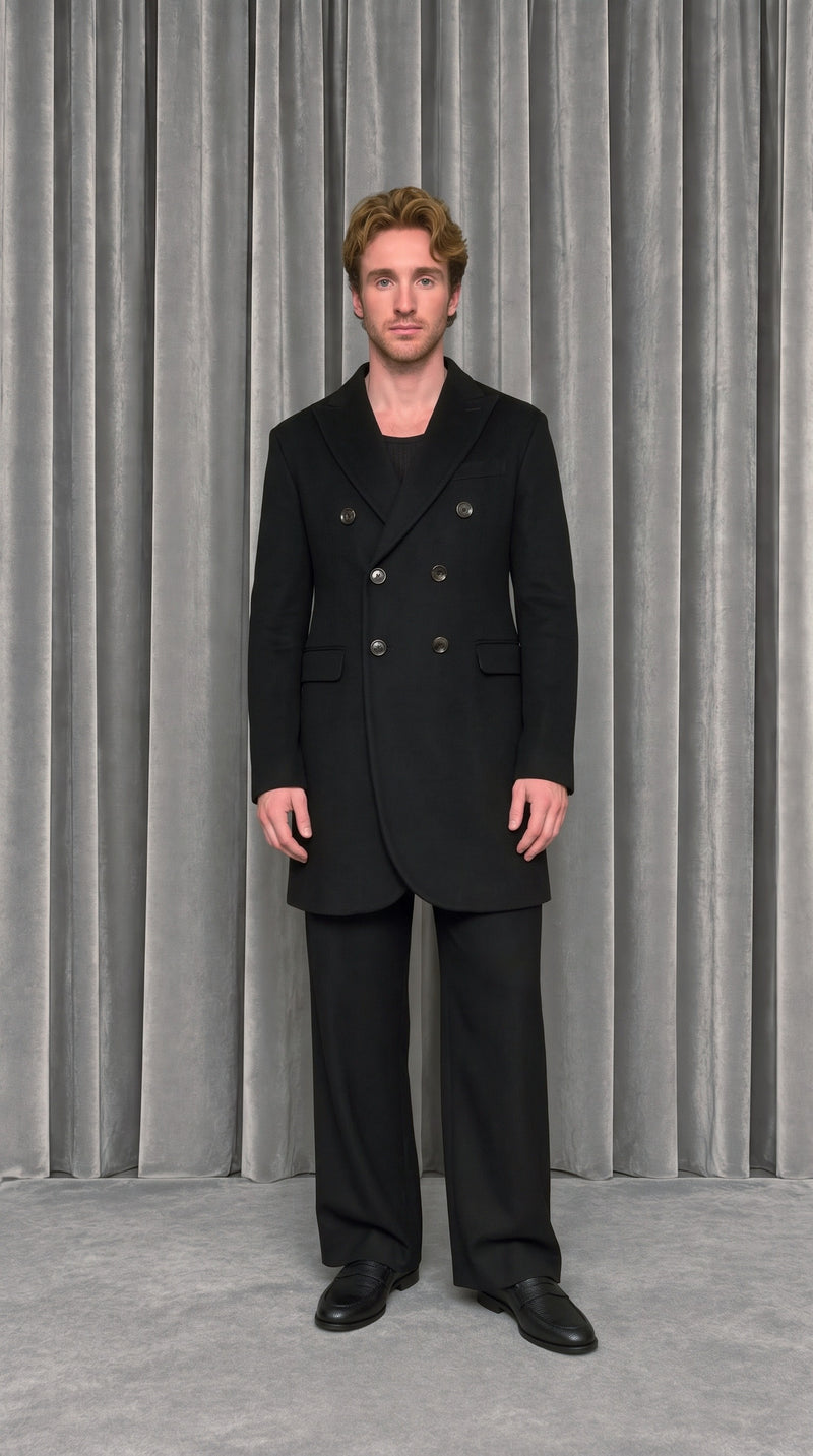 Michael Melton Overcoat Men Black – worn, model front