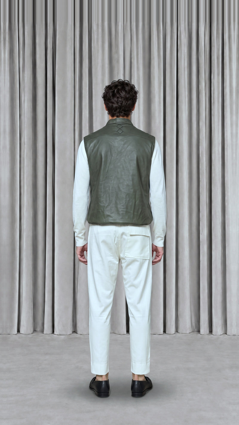 Brian Waistcoat Vegan Leather Olive Men, model back – POAN