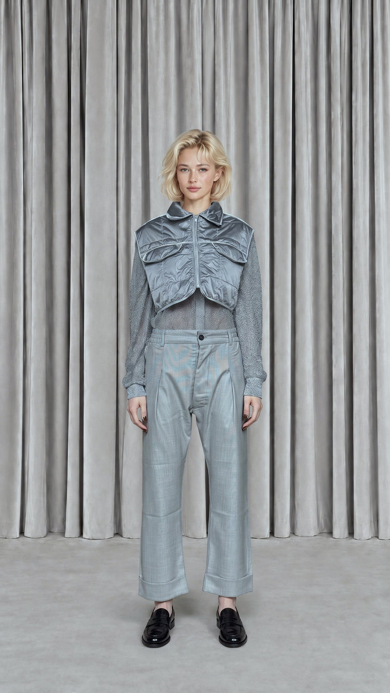 Brian Waistcoat Cropped Quilted Nylon Silver Women, model front – POAN