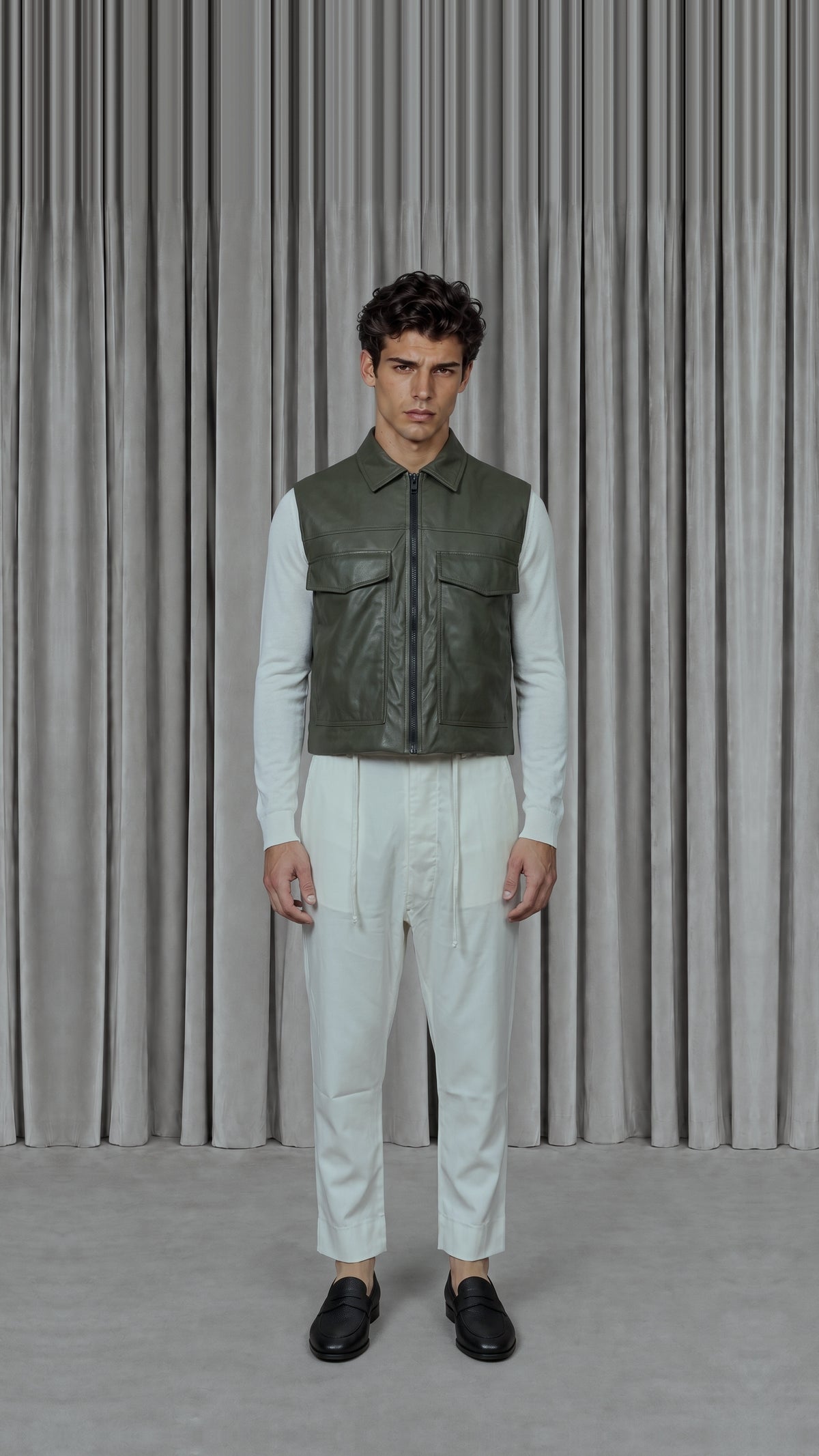 Brian Waistcoat Vegan Leather Olive Men, model front – POAN