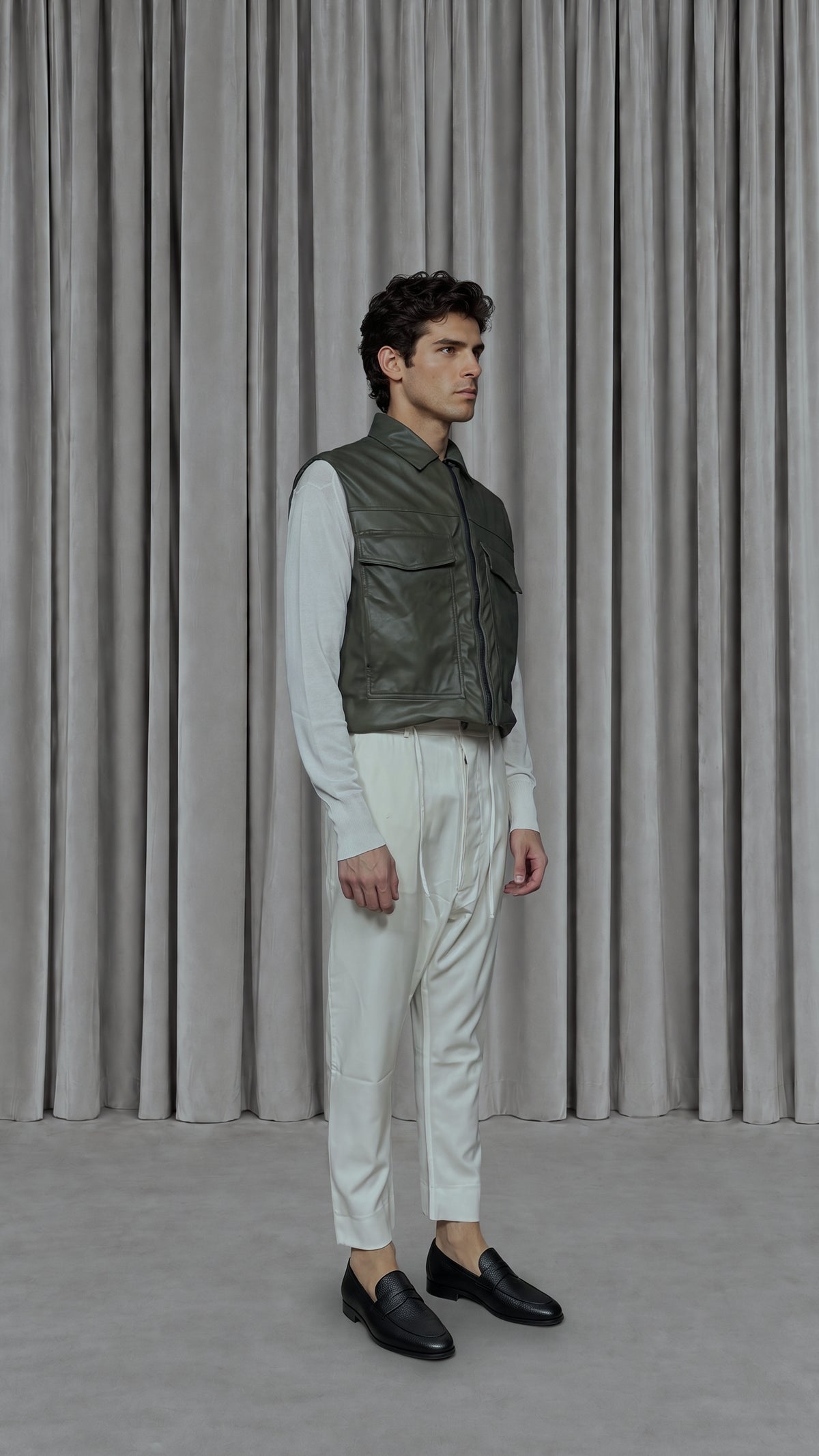 Brian Waistcoat Vegan Leather Olive Men, model side – POAN