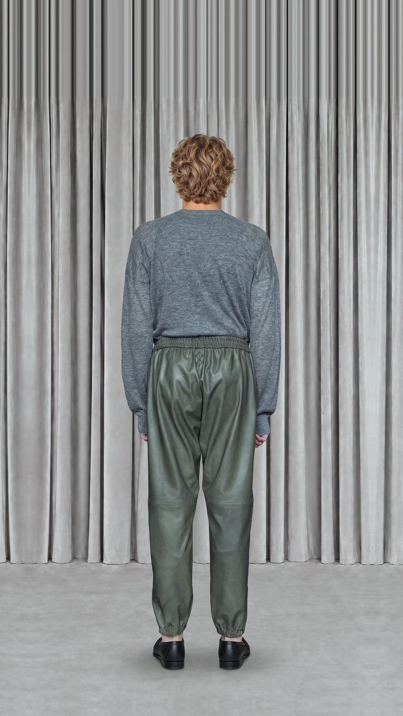 Christina Tracksuit Pants Vegan Leather Olive Men, model back – POAN