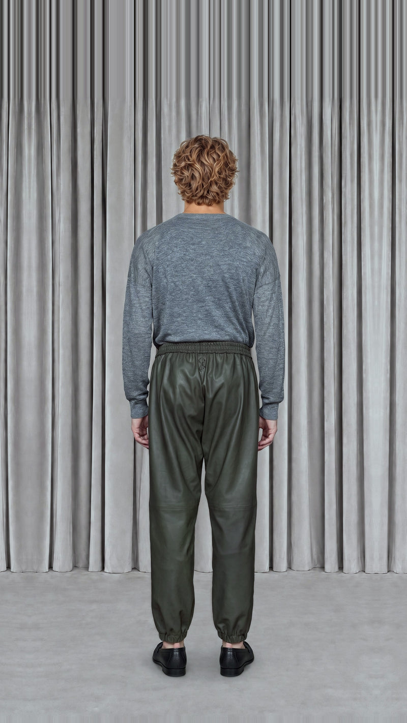 Christina Tracksuit Pants Vegan Leather Olive Men, model back – POAN