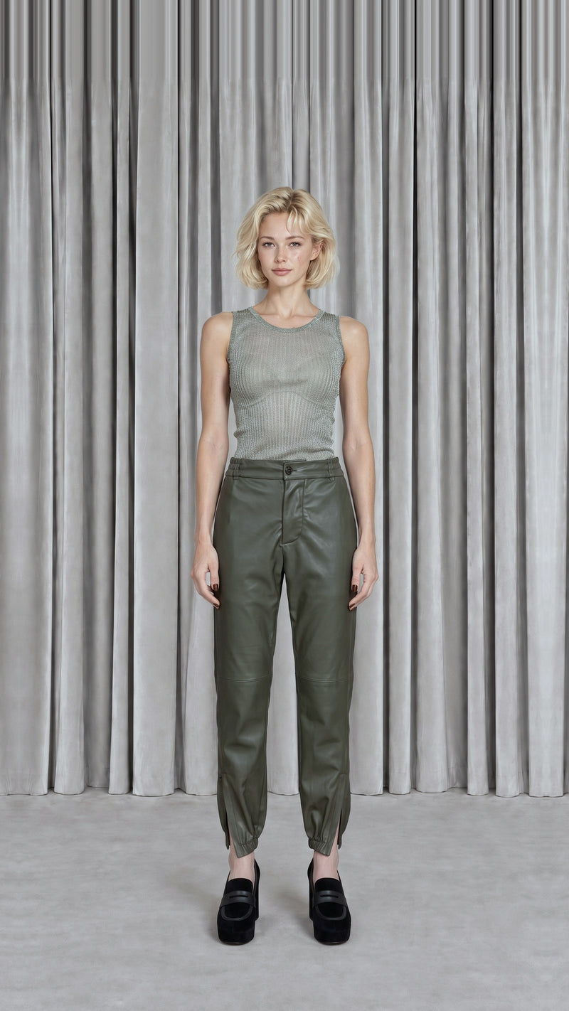 Christina Tracksuit Pants Vegan Leather Olive Women, model front – POAN