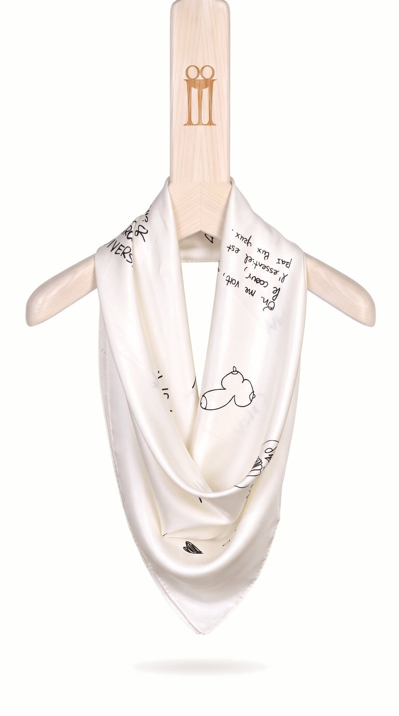 Fulon Foulard Scarf Ivory – silk foulard with graffiti print on the POAN Tripod hanger