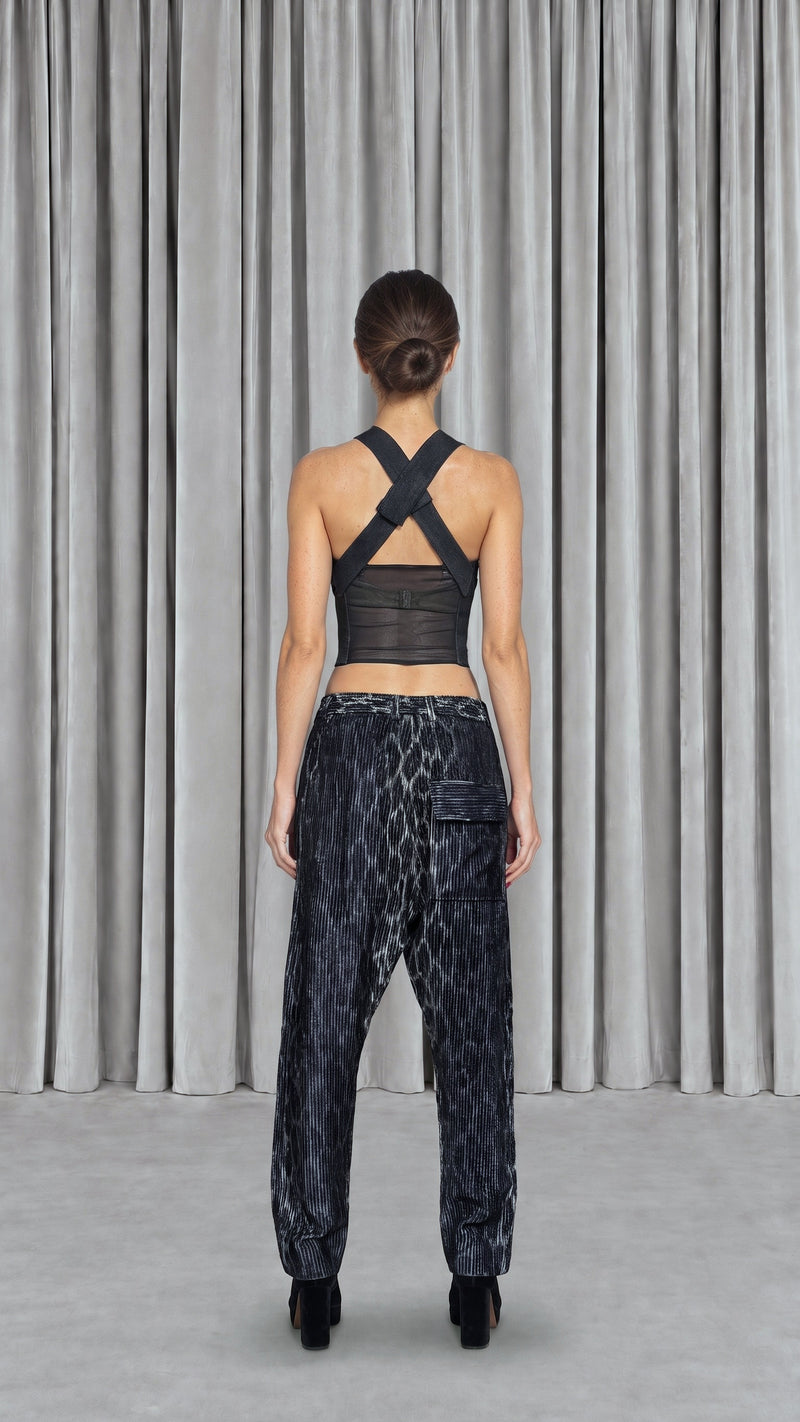 Hasan Corset Washed Denim Asphalt Women, model back – POAN