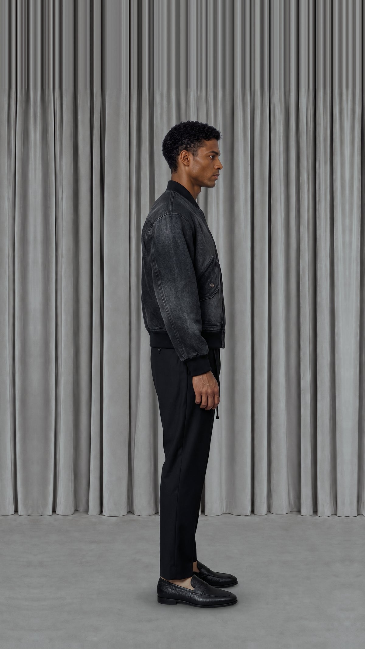 Iceman Bomber Washed Denim Asphalt Men, model side – POAN