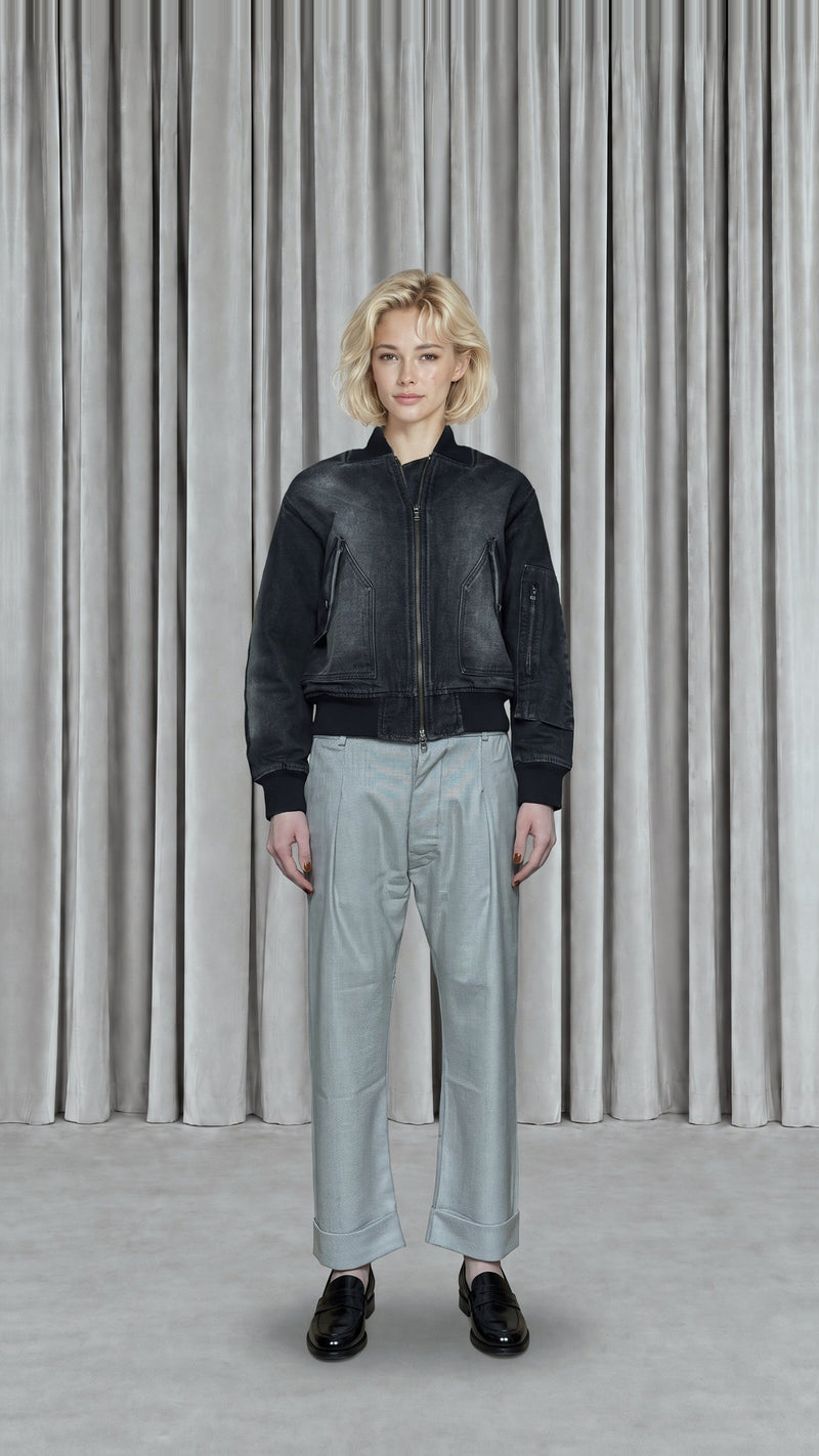 Iceman Bomber Washed Denim Asphalt Women, model front – POAN