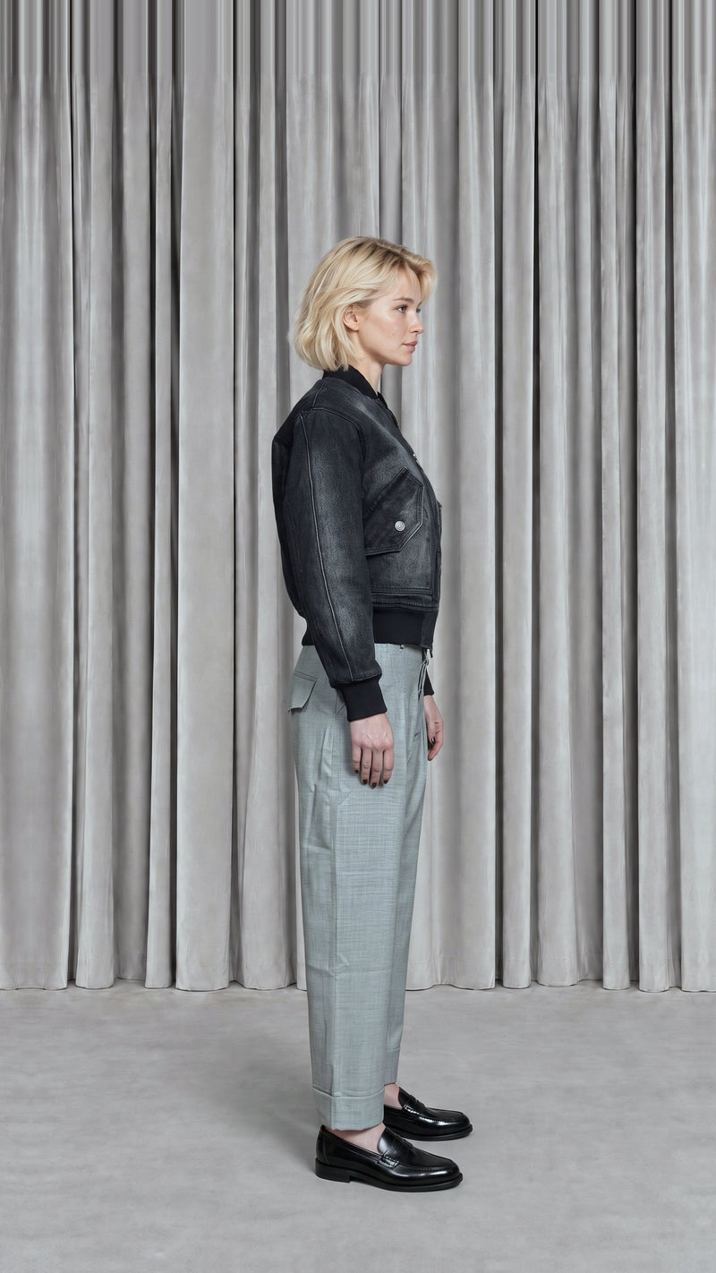 Iceman Bomber Washed Denim Asphalt Women, model side – POAN