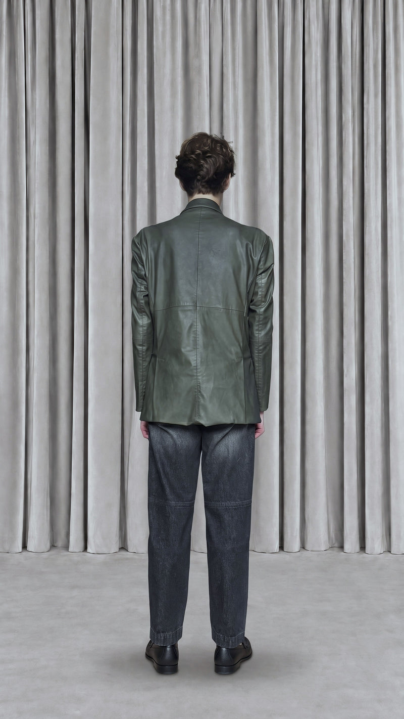 Nicholas Blazer Vegan Leather Olive Men, model back – POAN