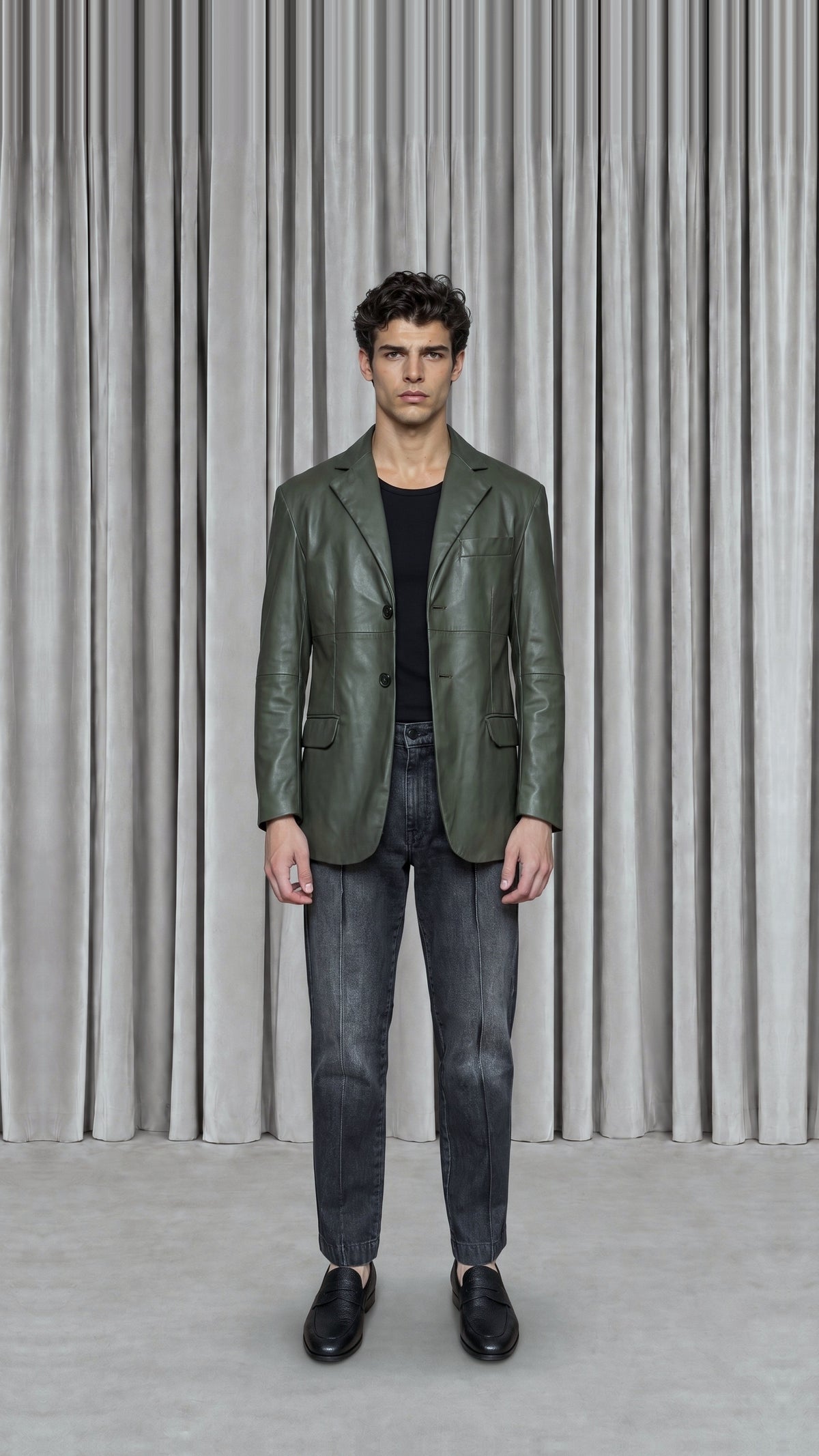 Nicholas Blazer Vegan Leather Olive Men, model front – POAN