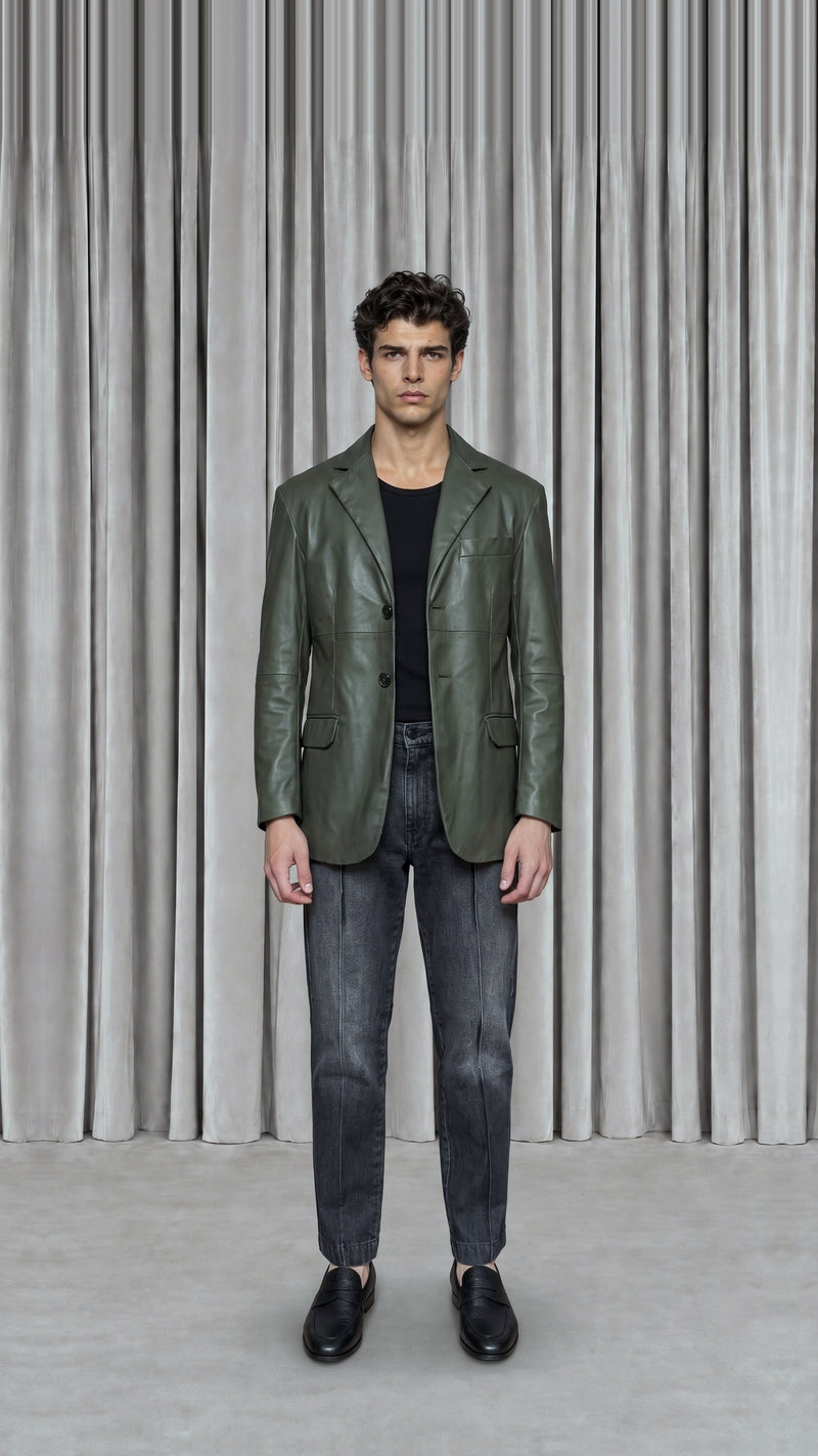 Nicholas Blazer Vegan Leather Olive Men, model front – POAN