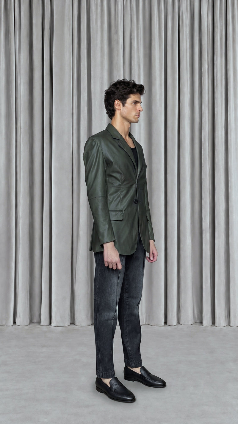 Nicholas Blazer Vegan Leather Olive Men, model side – POAN