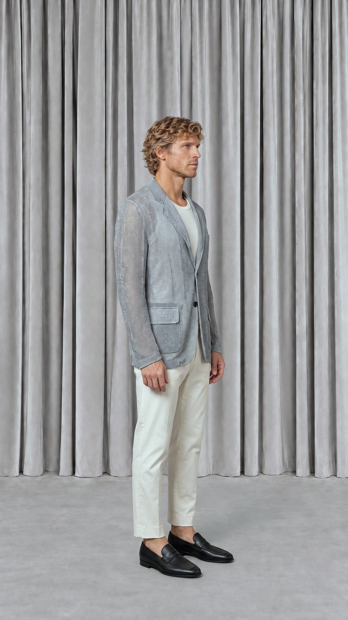 Nicholas Jacket Broken Stitch Silver Men, model side – POAN