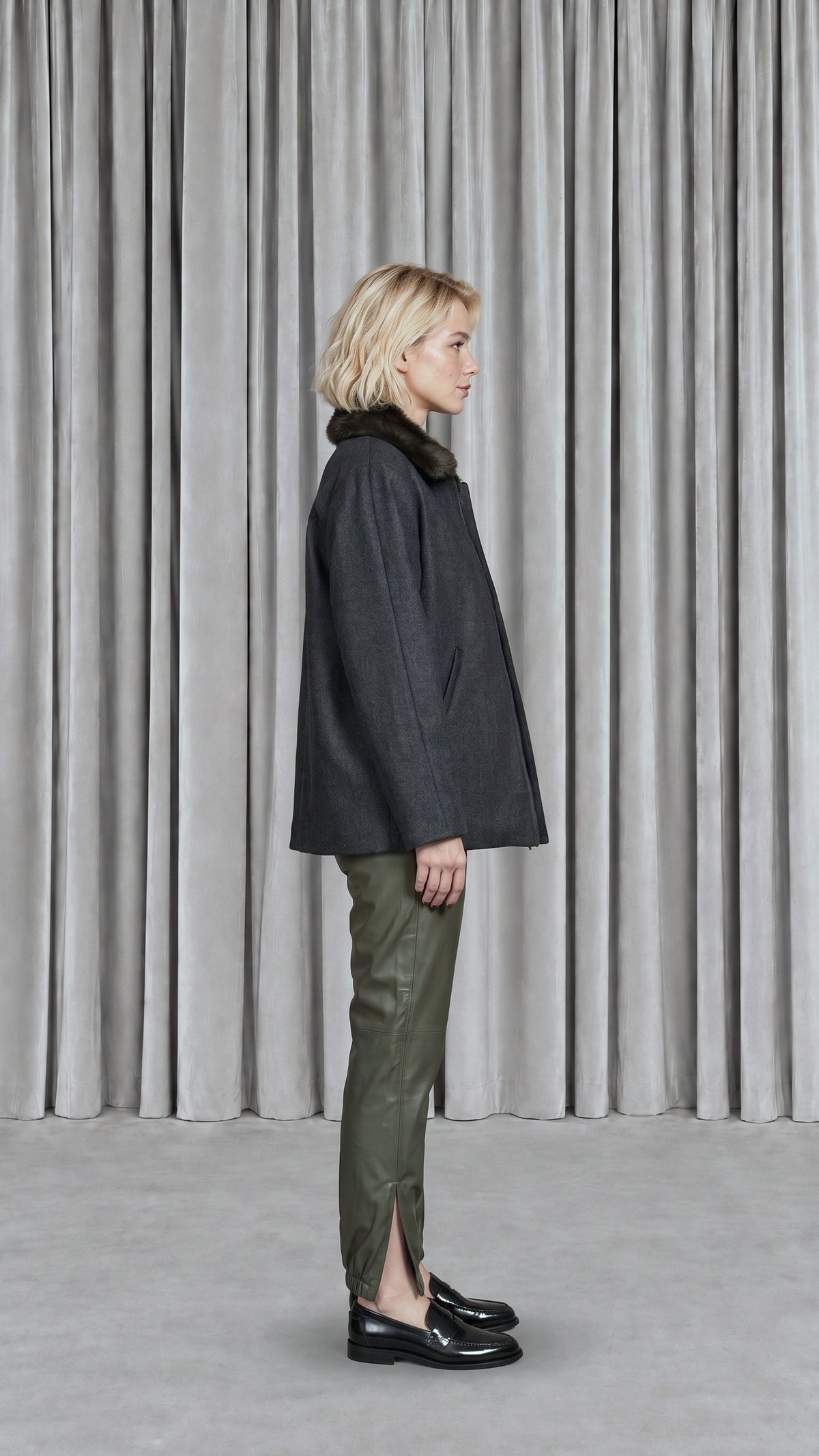 Victor Jacket Loden Grey Melange Women, model side – POAN