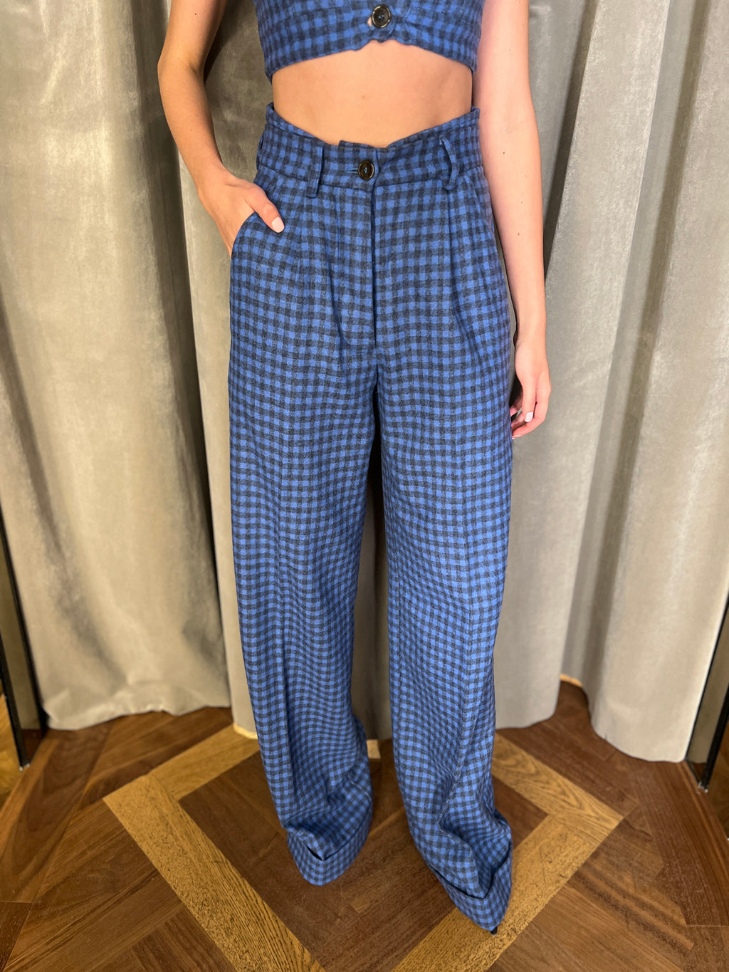 Palazzo Plaid Flannel Trousers Blue Women