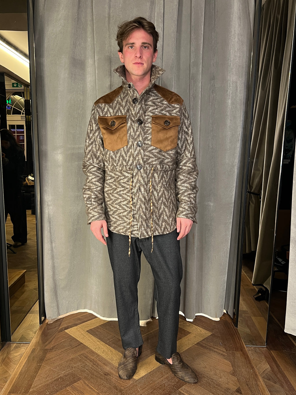 Brieuc Jacquard Blanket Overshirt Jacket Brown Men