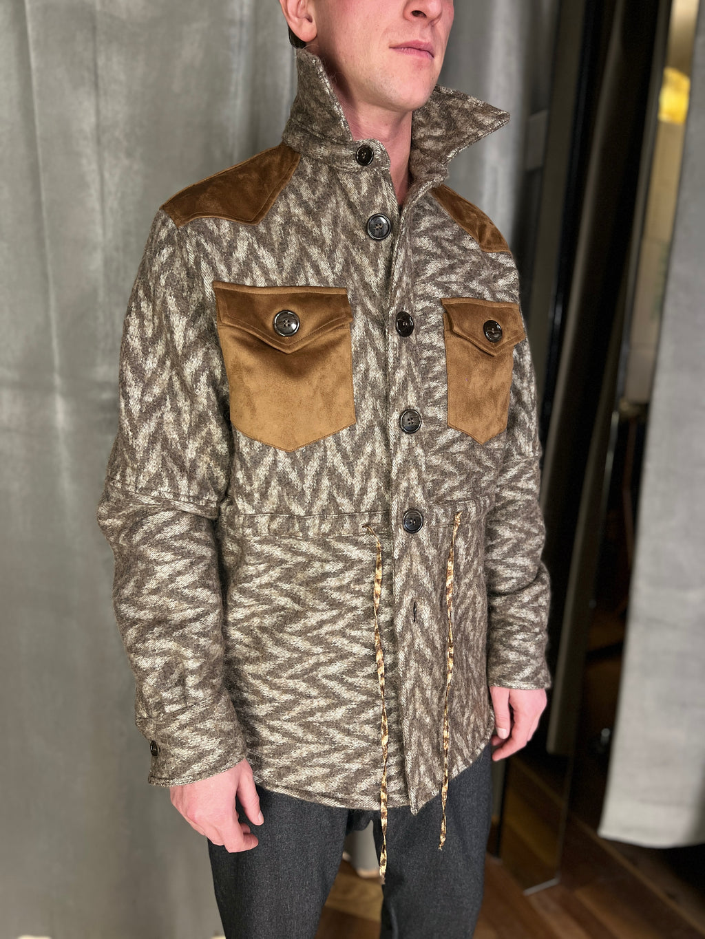 Brieuc Jacquard Blanket Overshirt Jacket Brown Men