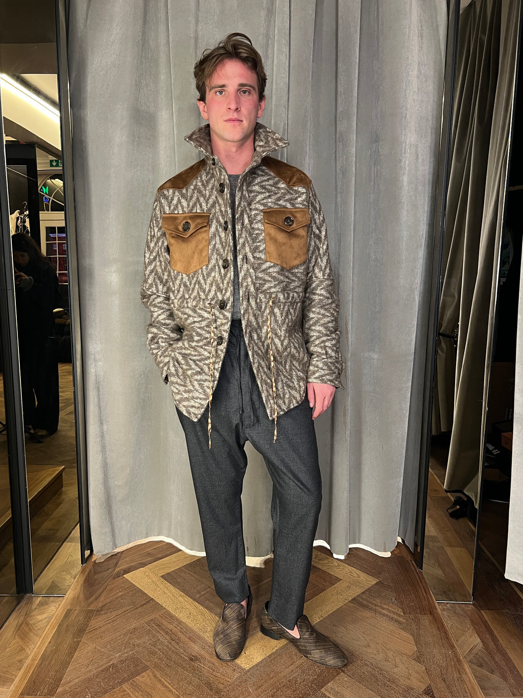 Brieuc Jacquard Blanket Overshirt Jacket Brown Men