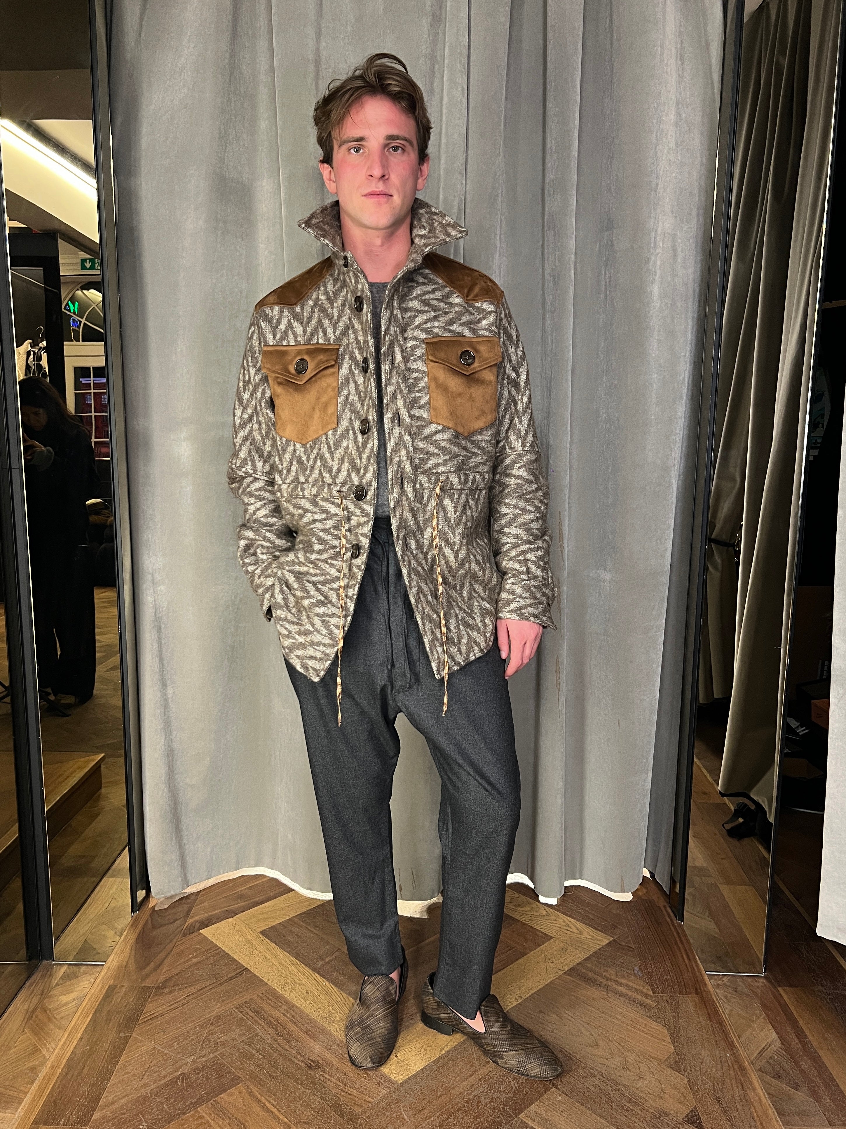 Brieuc Jacquard Blanket Overshirt Jacket Brown Men