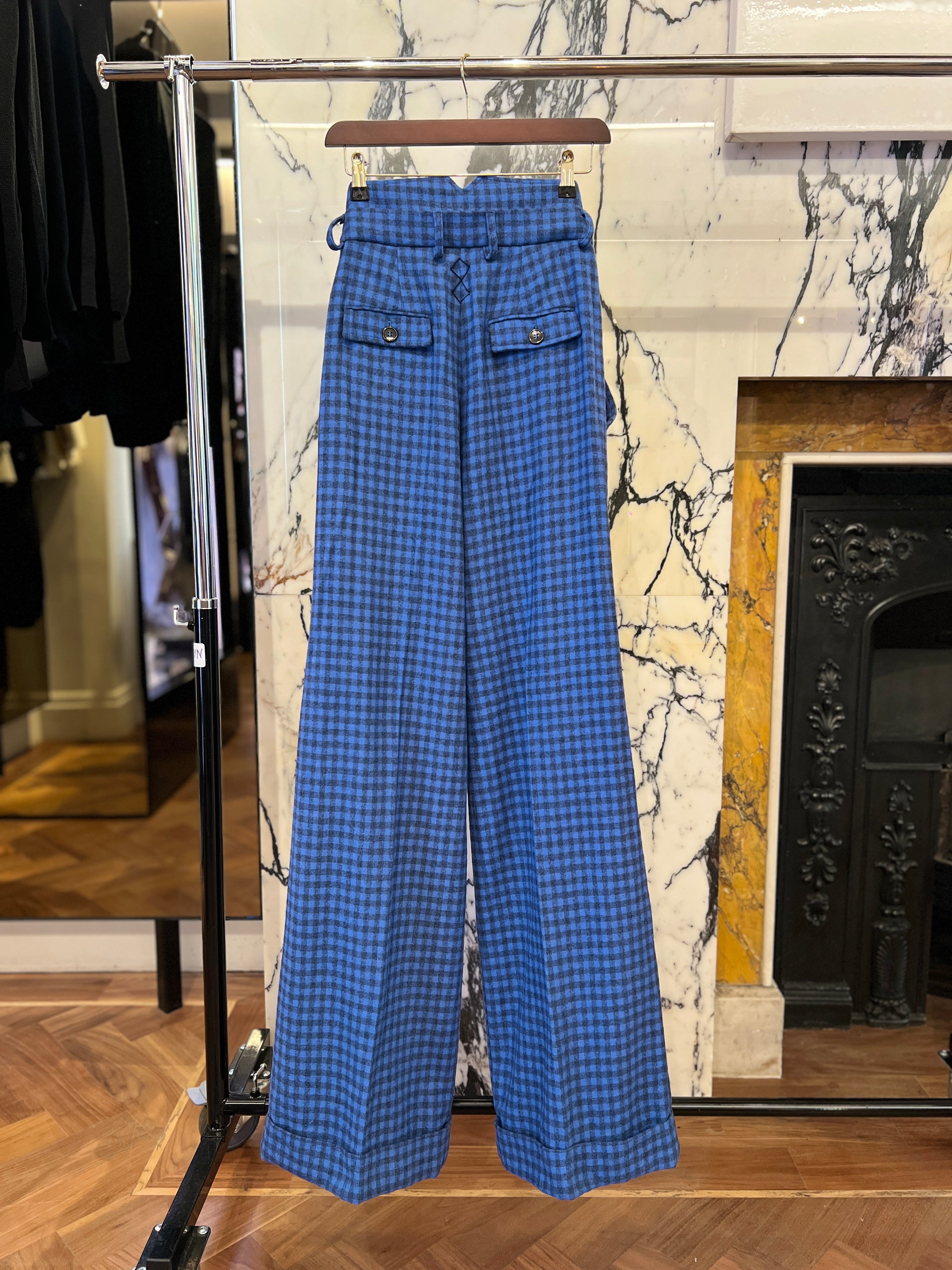 Palazzo Plaid Flannel Trousers Blue Men