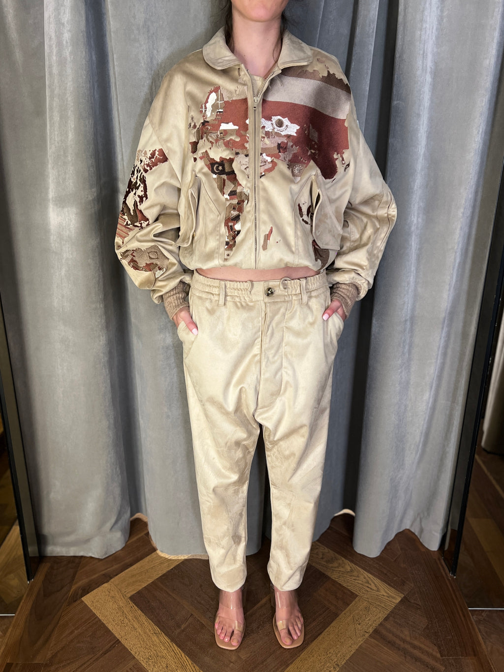 Worldmap Alcantara Embroidered Bomber Beige Women