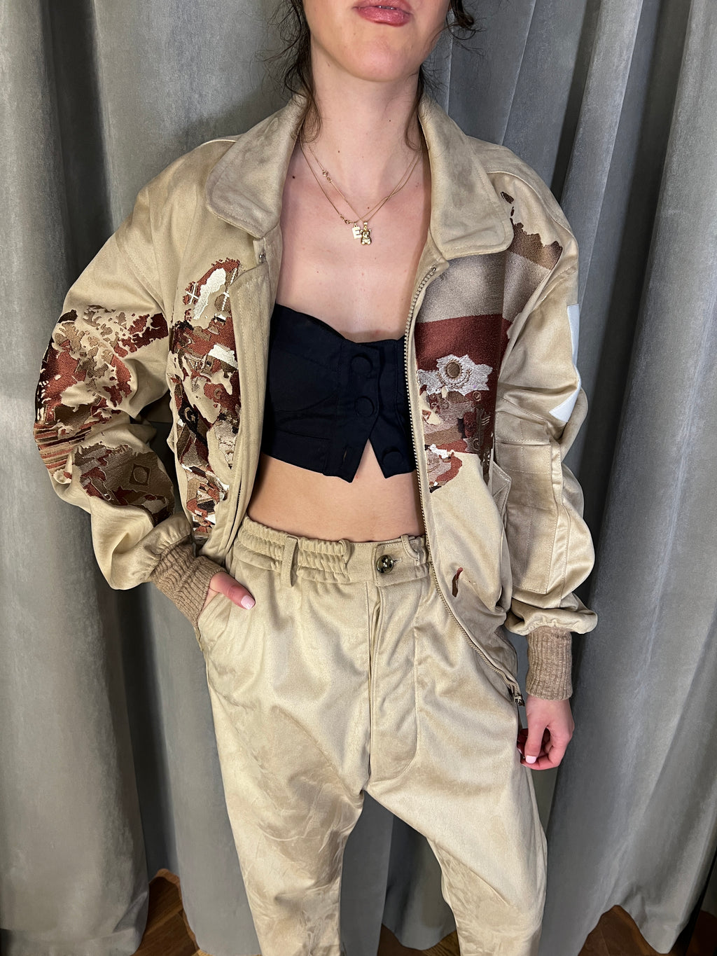 Worldmap Alcantara Embroidered Bomber Beige Women