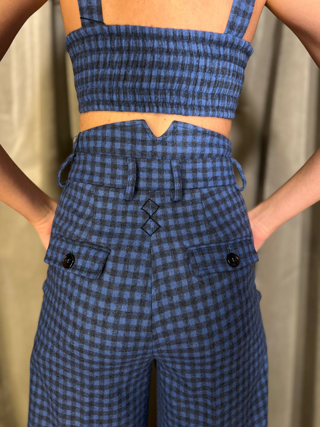 Palazzo Plaid Flannel Trousers Blue Women