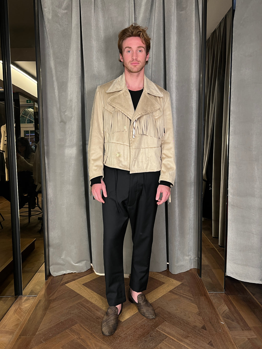 Indiana Alcantara Fringed Western Jacket Beige Men