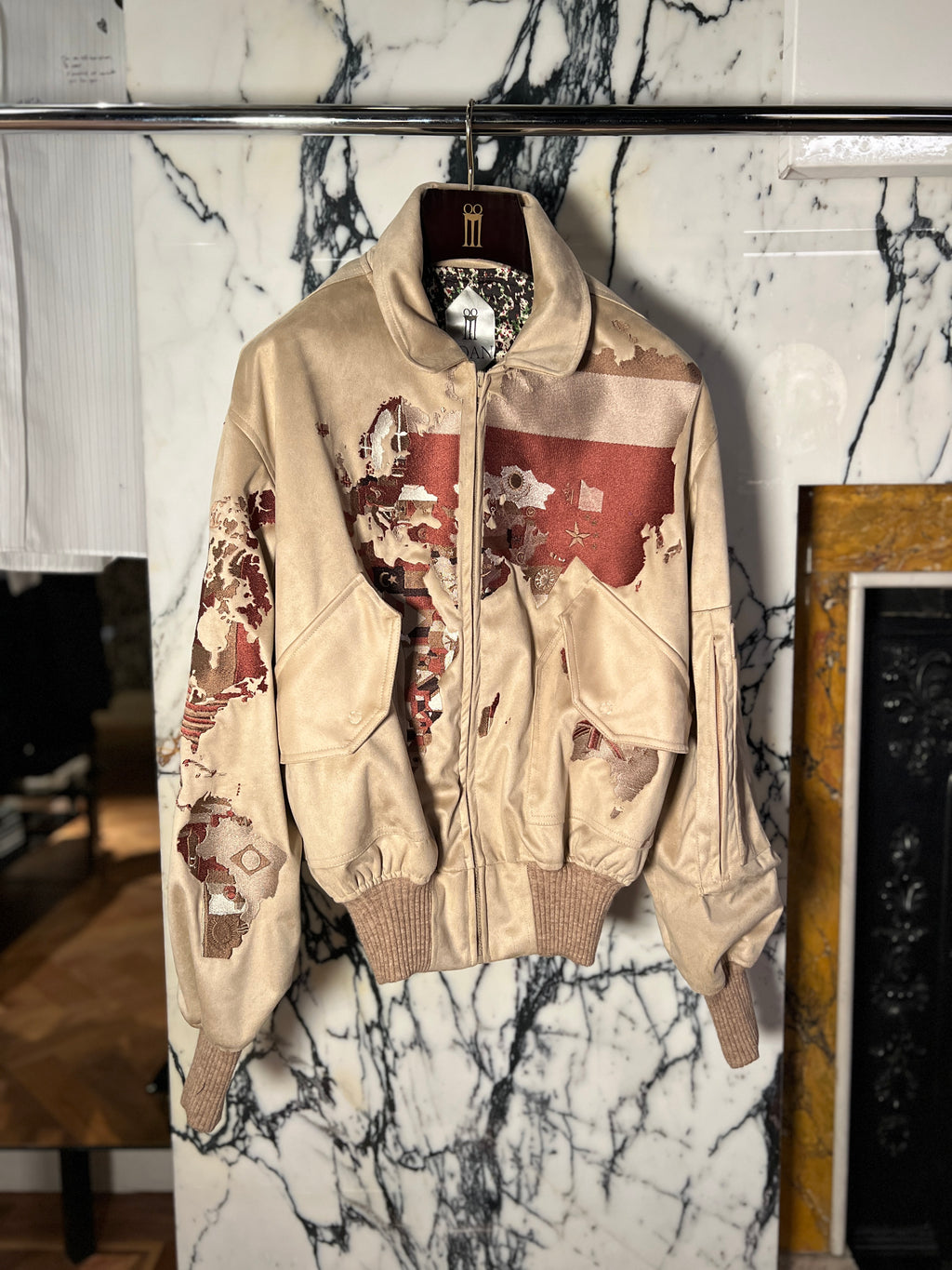 Worldmap Alcantara Embroidered Bomber Beige Men