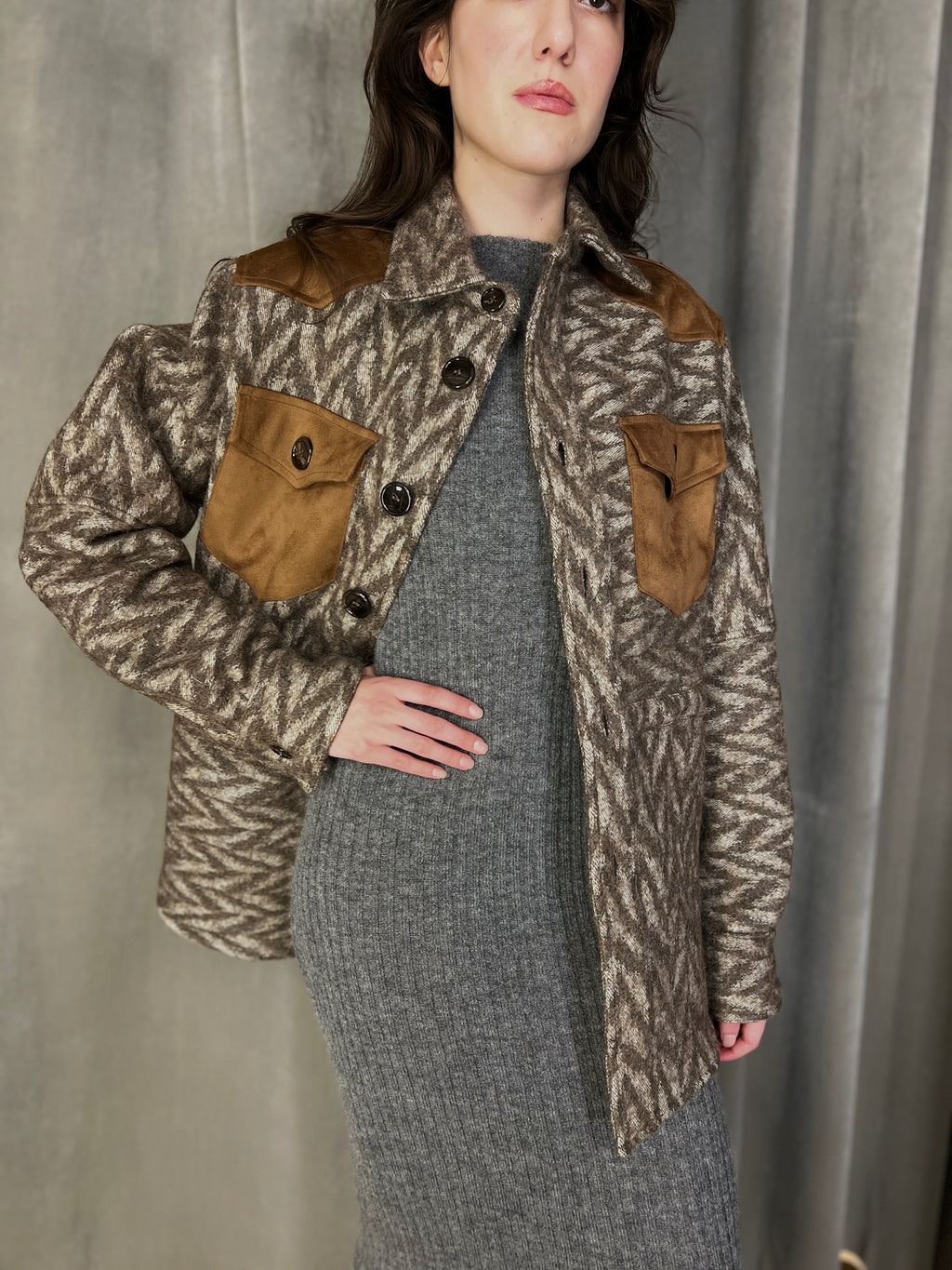 Brieuc Jacquard Blanket Overshirt Jacket Brown Women