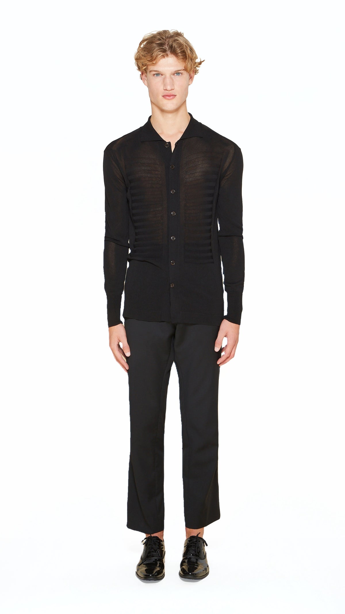 Bib Long Sleeve Polo Black Men, front view – POAN