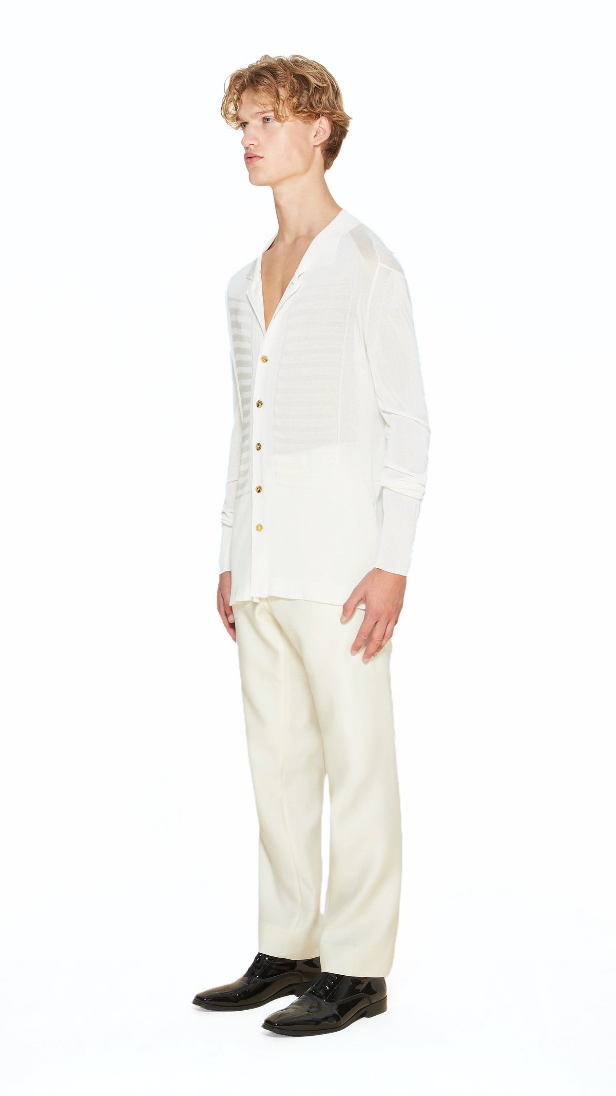 Bib Long Sleeve Polo Ivory Men, side view – POAN
